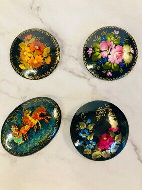 Vintage Hand-Painted Russian Floral & Carousel Brooches Set Of 4 -115